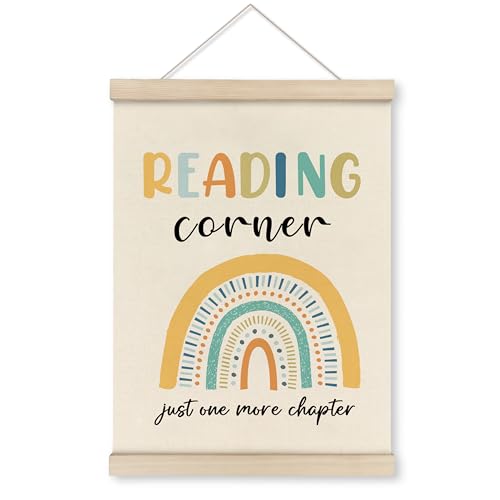 HRQKO Reading Corner Klassenzimmer-Posteraufhängerrahmen, Just One More Chapter, Wandkunst mit Holzrahmen, Boho-Regenbogen, Klassenzimmer, Wandbehang, Banner, Dekoration für Kinder, Leseecke,