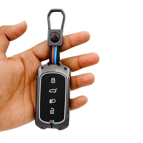 Image of KMH Metal Shell Soft Silicone Key Cover Compatible with Tata Curvv, Curvv EV Electric SUV 4 Buttons Smart keycover with Keychain Key Shell Case Holder Protector (Metallic)