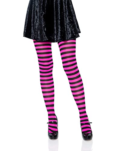Leg Avenue - Nylon Stripe Tights, Taille Unique (Noir & Rose Fluo)