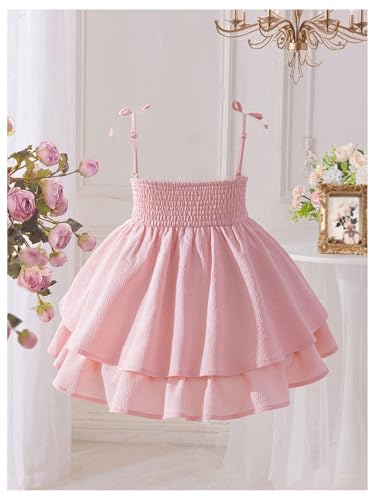 WDIRARA Toddler Girl's Bow Tie Shoulder Layered Ruffle Cami Dress Ruched Swing Short Dresses2
