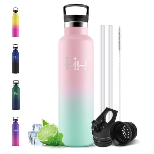 Motswedi Botella Termica 1l, con Pajita, Botella Agua Acero Inoxidable, Cantimplora Termica, 12h de Bebida Caliente y 24h de Bebida Fría, para Gym, Yoga, Oficina, Rosa claro & Verde claro