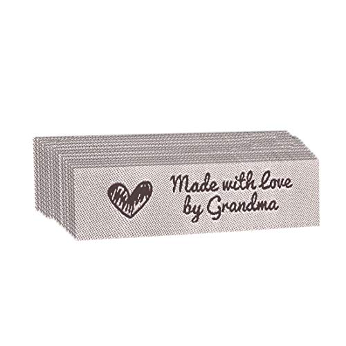 Wunderlabel Made with Love by Grandma Grandmother Woven Ribbon Clothing Clothes Garment Fashion Embroidered Heart Symbol Iron On Fabric Craft Rectangle Tags, Dark Brown on Off White, 50 Labels