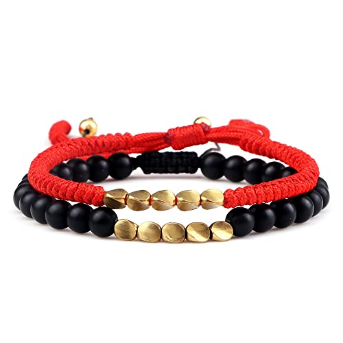 JIANGZ Bracelet Pierre, 2Pcs Naturel Noir Givré Pierre Rouge Corde Tissé Bracelet Réglable Amitié Bracelet Style Ethnique Bouddhisme Tibétain Cadeau Porte-Bonheur pour Femmes Hommes Couple