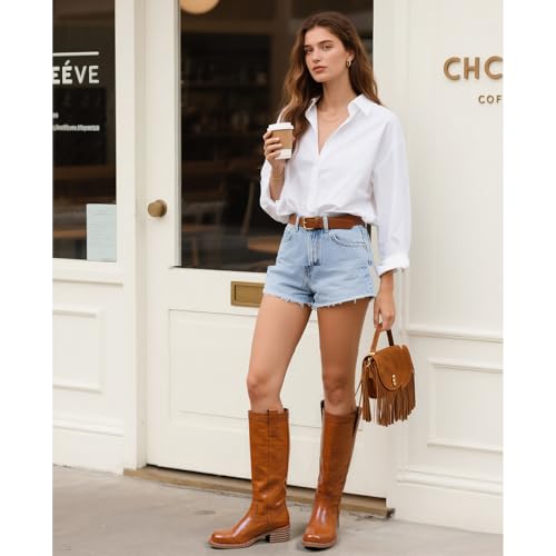 Image of UBWDU Women's Knee High Boots Chunky Block Heel Long Boots Square Toe Low Heel Boots for Women