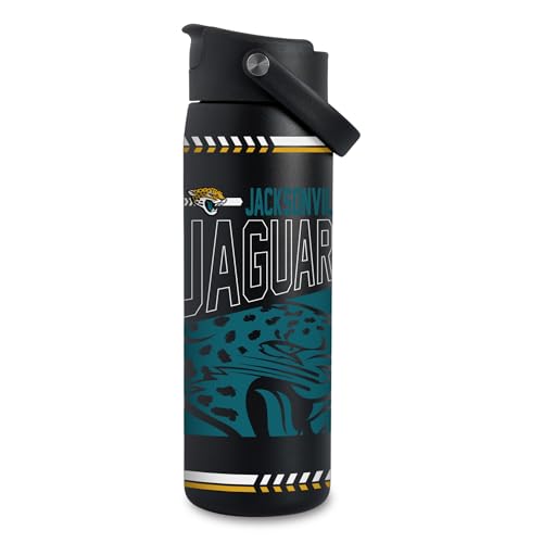 Rico Industries NFL Football Jacksonville Jaguars Standard 24 oz. Team Color Water Bottle with Bucket Handle & Flip Top Lid With Straw For Sipping