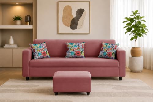 Image of Rosebell 3 Seater Sofa with Ottoman | Living Room Couch | with Printed Cushions | Sofa for Home, Apartment & Office-Rose Pink Color