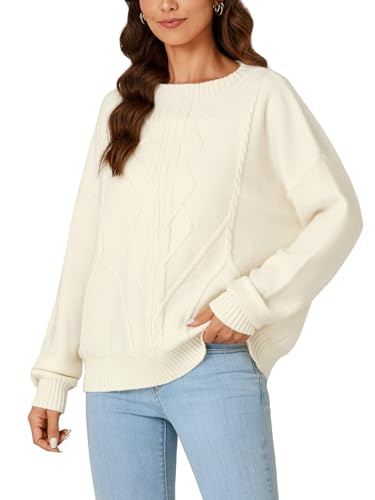 Image of LYANER Women's Cable Knit Crewneck Long Sleeve Pullover Oversize Vintage Sweater Top