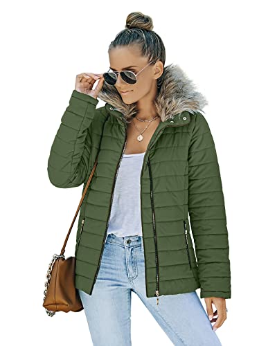Vetinee Women Casual Faux Fur Lapel Zip Pockets Quilted Parka Jacket Puffer Coat Broute Green Small (Fits Us 4-Us 6) #TOP2