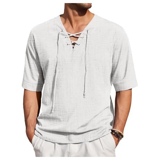 COOFANDY Mens Linen Tunic Viking Meditation Shirt V Neck Beach, White, Large, Short Sleeve