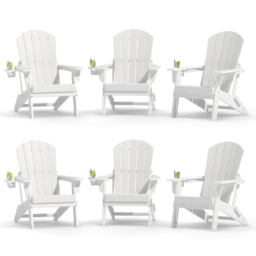 Image of Plawdlik Folding Adirondack Chair Set of 6 with Cup Holder,Wooden Textured,Heavy All-Weather HDPE Comfortable Set Poolside Backyard Lawn,White