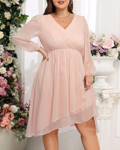 Image of Talisea Plus Size Cocktail Dress - Formal Wedding Guest Fall Long Sleeve A Line Pleated V Neck Midi Dresses for Curvy Women