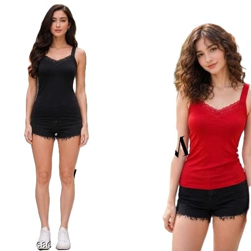 Women's Lace Neck Camisole Pack of 2 Long Length Sleeveless Cotton Blend Inner Top for Women-picture-43