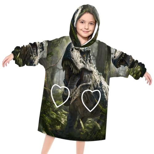 Pardick Wearable Blanket Hoodie for Kids, Ferocious Dinosaurs Fleece Sweatshirt Blanket Oversized Blanket Sweatshirt with Pocket Flannel Warm Hooded Blanket 6-10 Year Old Girl Boy Gift, One Size