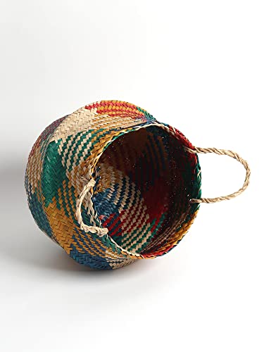 Image of Habere India-All The Cultures Fabricating India Wicker Basket For Plants | Seagrass Baskets Home Decor | Bamboo Storage Organiser | Bamboo Planter Baskets Cylindrical (S) - Multi (Dia 25 x H22 cm)