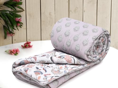 Image of RRC Jaipuri Beautiful Floral Print in White and Green Jaipuri Rajai /Razai /Quilt Double /King Bed Quilt /Comforter /Ac Quilt /Ac Comforter, Cotton, Lightweight Pack of 1, 200 GSM