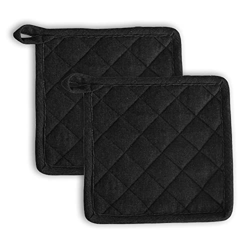 Image of 2 Pot Holder Heat Resistant Cotton Hot Pad or Pot Stand for Kitchen Cooking & Baking | Quilted Thick Fabric, Easy Grip, Hanging Loop (Black)