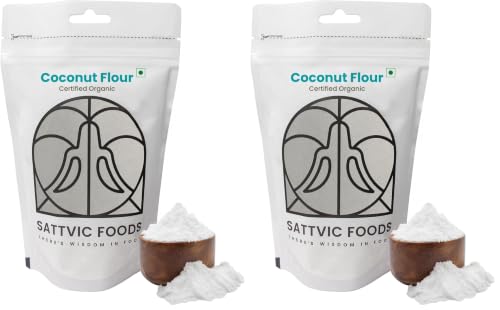Image of Sattvic Foods Coconut Flour (250 g) | Certified Organic, Keto-Friendly, Gluten-Free, Defatted, Unrefined | High Fibre & Healthy Fats, Low Carb | Perfect for Baking Bread, Cakes, Pies & Tortillas