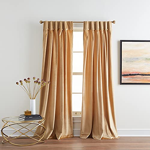 DKNY Velvet Inverted Pleat with Buttons Back Tab Window Curtain Panel Pair, 32 x 84 inch, Gold