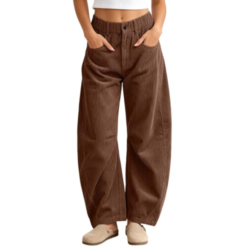 Brown Corduroy Pants Women,Pull On Trousers With Pockets(Brown,Medium) - image 3