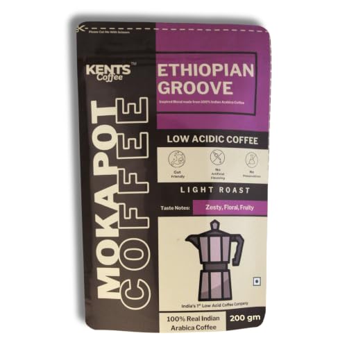 Image of Kents Coffee Ethiopian Groove - Light Roast Medium Fine Grind | LOW ACIDIC COFFEE | For MOKA POT , DRIP MACHINE, FILTER, AEROPRESS, V60 | 100% Arabica Powder | Zesty, Floral, Fruity Notes | Chikmagalur Single Estate | Honey Sundried Arabica | REAL LIGHT ROAST COFFEE (200g)