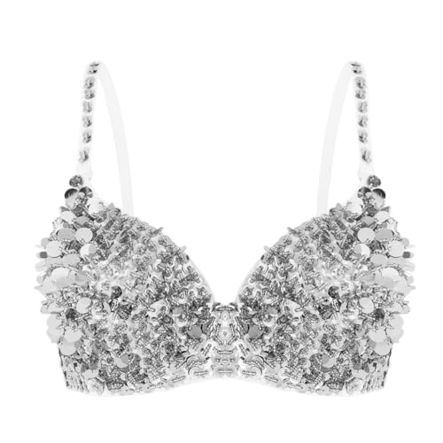 inlzdz Ragazza Bra con Paillettes Vestito da Latino Jazz Reggiseno da Danza del Ventre Donna Top da Ballo Danza Sexy Lingerie Canotta per Spettacolo Discoteca Dancewear Argento M