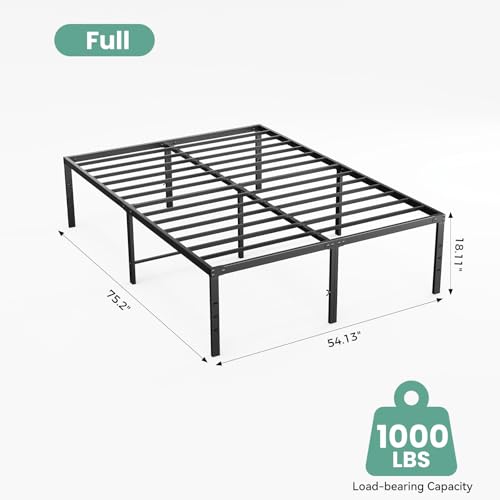 Image of Sweetcrispy Full Size 18 Inch Platform Bed Frame, Heavy Duty Metal Foundation Frame, Noise-Free Sturdy Steel Slats, Underbed Storage, No Box Spring Needed, Quick Setup