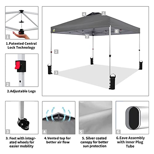 Crown Shades 10X10 Pop Up Canopy, Patented One Push Tent Canopy, Newly Designed Storage Bag, 8 Stakes, 4 Sandbags, 4 Ropes, Grey #TOP3