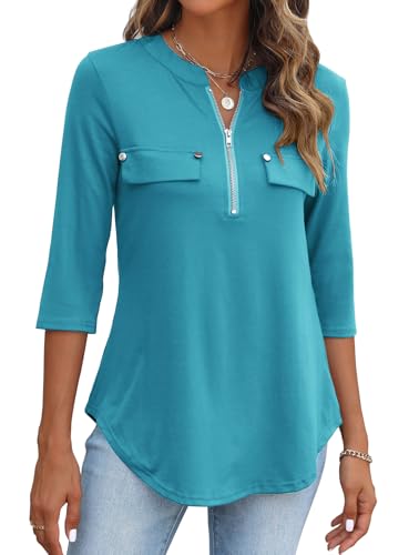 Halife Women's 3/4 Length Sleeve V Neck Flowy Tunic Blouses Work Tops Shirts with Zippers, Baby Blue, Medium