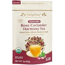 DelighTeas Organic Rose Coriander Harmony Tea | Ayurvedic Loose Leaf Herbal Tea | 60 Servings, 3oz. | Caffeine-free, Sugar-free, Non-GMO, Keto, Vegan | Calming, Cooling Digestive Support