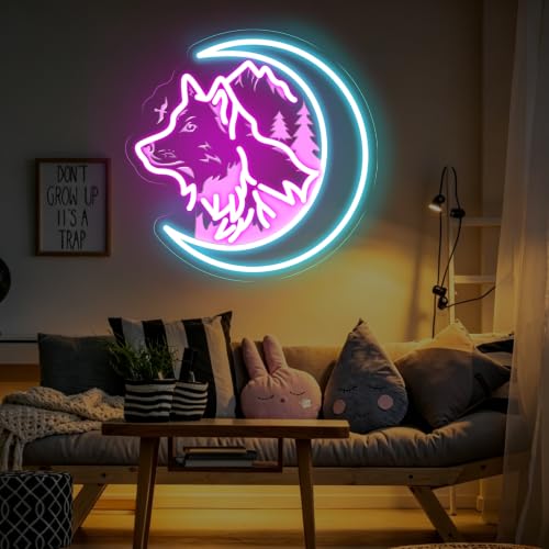Image of Wolf And Moon Neon Sign Wolf Lovers GIft Wild Animal LED Light | Ainmal Lover Room Decor USB Powered Dimmable Home Wall Decoration 13 inchx13 inch