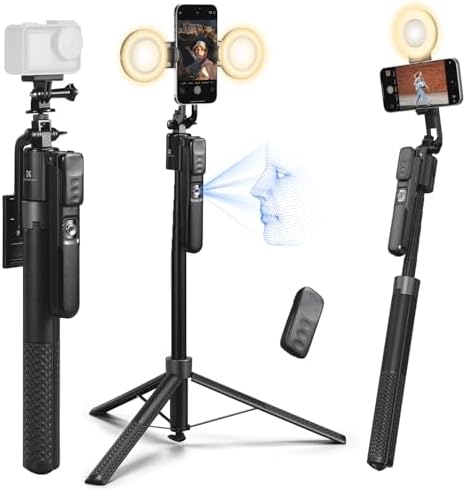 K&F CONCEPT KI-Selfie Stick mit 360° Tracking & 2 Ringleuchten | 5 Gestensteuerung, Bounce-Back-Basis, Bluetooth-Fernbedienung, 2 Ringleuchten 3500-6500K, Schmink-/Rahmenspiegel, X