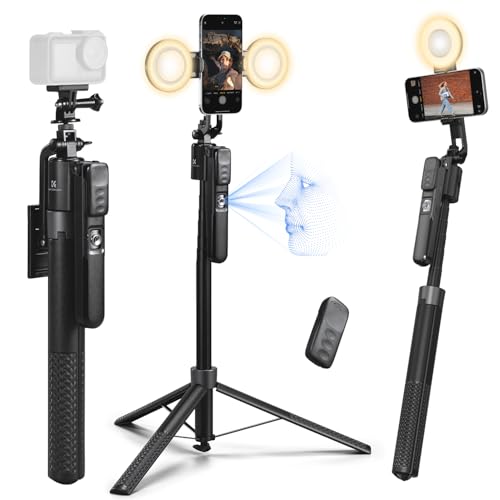 K&F Concept Perche à Selfie avec Suivi Automatique, 180CM Trépied Smartphone avec Lumiere, Suivi AI 360° Visage, Contrôle par Gestes, Perche Selfie avec Télécommande Bluetooth, pour Vidéo/Vlog/Live