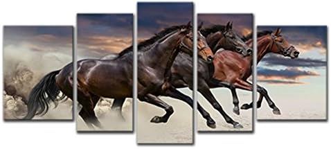 5Pieces Modern Canvas Paintings Three Fine Horses Running Animal Picture Prints On Canvas Artwork Stretched and Framed Wall Art for Home Decor (10x16inchx2pcs+8x20inchx2pcs+8x24inchx1pcs)