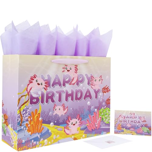 wishinside 16.5'' Extra Large Axolotl Happy Birthday Gift Bag Set with Handles, Greeting Card, Purple Tissue Papers and Stickers for Girls Kids Women Teens Birthday Party, Ocean-themed Design, 1 Pcs