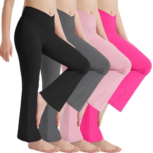 EXARUS 4 Pack Girls Leggings Flare Yoga Pants Kids Crossover V Waist Bell Bottoms High Waisted for School Casual Black Grey Pink Hot Pink 12Y by EXARUS - Used condition - US$13.06