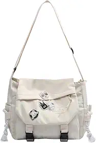 Bolsa mensageiro feminina grande com alça transversal, estilo escolar, com patches e opção com ursinho – bolsa de ombro espaçosa para faculdade e dia a dia.