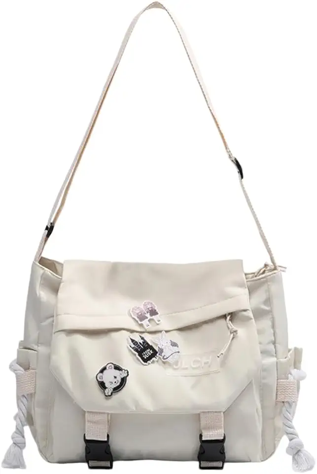 Bolsa mensageiro feminina grande com alça transversal, estilo escolar, com patches e opção com ursinho – bolsa de ombro espaçosa para faculdade e dia a dia.