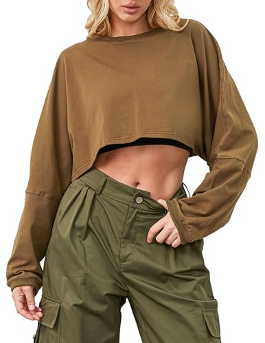 Ziesexy Cropped Sweatshirt Long Sleeve Crop Top Workout Oversized Sweatshirt Loose Crop Tops For Women Crewneck Sweatshirt Brown