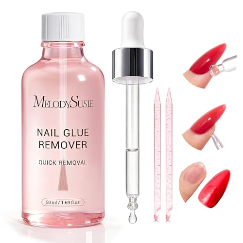 MelodySusie 50ML Nail Glue Remover for Press on Nails, Acetone Free Nail Polish Remover Multi-Functional Remover for Acrylic Tips Gentle Glue Remover with Stick