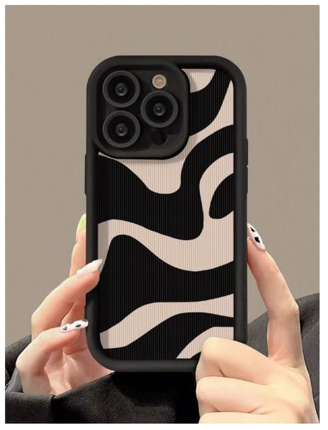 Image of COVERLY Abstract Wave Back Case Cover for iPhone 12 Pro | Hot 3D Wavy Zebra Cute Design | Camera Lens Protection | Soft TPU Silicone Aesthetic Print Cover for Girls & Women (Black & Beige, Shockproof)