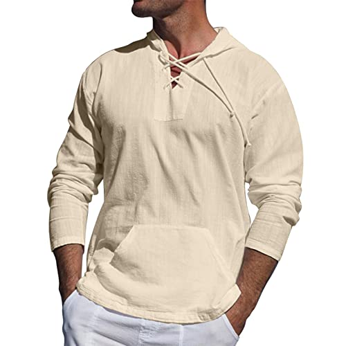 SEGANUP Mens Casual Cotton Linen Pullover Hoodie Baggy Long Sleeve Beach Lace Up Hippie Tops with Hat, Beige, Small