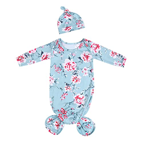 Image of MVUOCR Newborn Baby Girl's Knotted Gowns Floral Baby Sleeper Infant Nightgowns Gift and Soft Coming Home Outfit with Hat