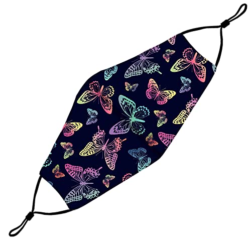 Washable Face Mask with Adjustable Ear Loops & Nose Wire - 3 Layers, 100% Cotton Inner Layer - Cloth Reusable Face Protection with Filter Pocket - Made in USA - (Neon Butterfly
