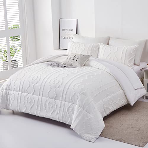 Luxudecor White Boho Comforter Set King Size 7 Piece Bed In A Bag, Tufted Shabby Chic Comforter, Elegant Embroidery Bedding Set For All Season (White, 104''X90'') #TOP1