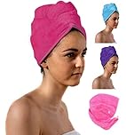 Aztex Luxury Hair Turban Towel - Head Wrap With Loop and Button Fastener, Absorbent and Lightweight Cotton, Multiple Colours, 64 x 23cm - Pink