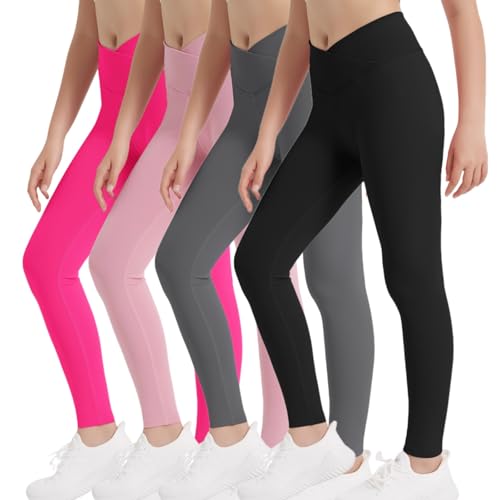 EXARUS 4 Pack Girls Leggings Kids Athletic Yoga Pants Crossover V Waist High Waisted Compression for School Dance Black Grey Pink Hot Pink 12Y