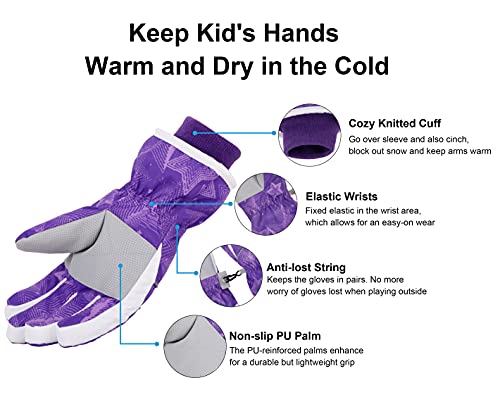 SimpliKids Girl's Waterproof Winter Ski Snowboard Gloves, Purple, S(4-6Y)