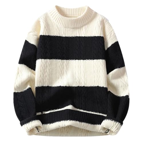Men's Loose Casual Striped Knit Sweater Slim Fit O-Neck Long Sleeve Pullover Cartoon Print Knitted Sweater