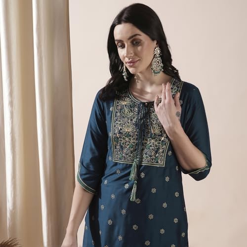 Image of Globus Women Taupe Embroidered Straight Kurta Set with Trouser-3638120001