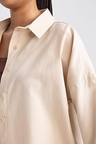 DeFacto Kadın Oversize Fit Gömlek Yaka Poplin Uzun Kollu Tunik, Bej, XS - Görsel 7